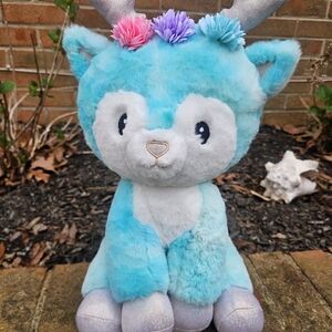 FAO Schwarz Teal and White Plush Deer with Flower Crown